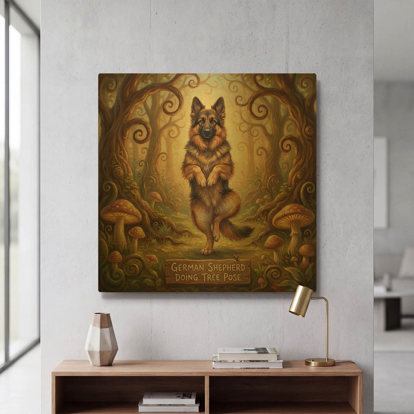 'German Shepherd Yoga Tree Pose' By Rich Monet Gold Metal Wall Art