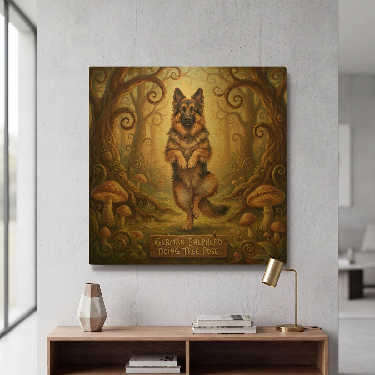 'German Shepherd Yoga Tree Pose' By Rich Monet Gold Metal Wall Art