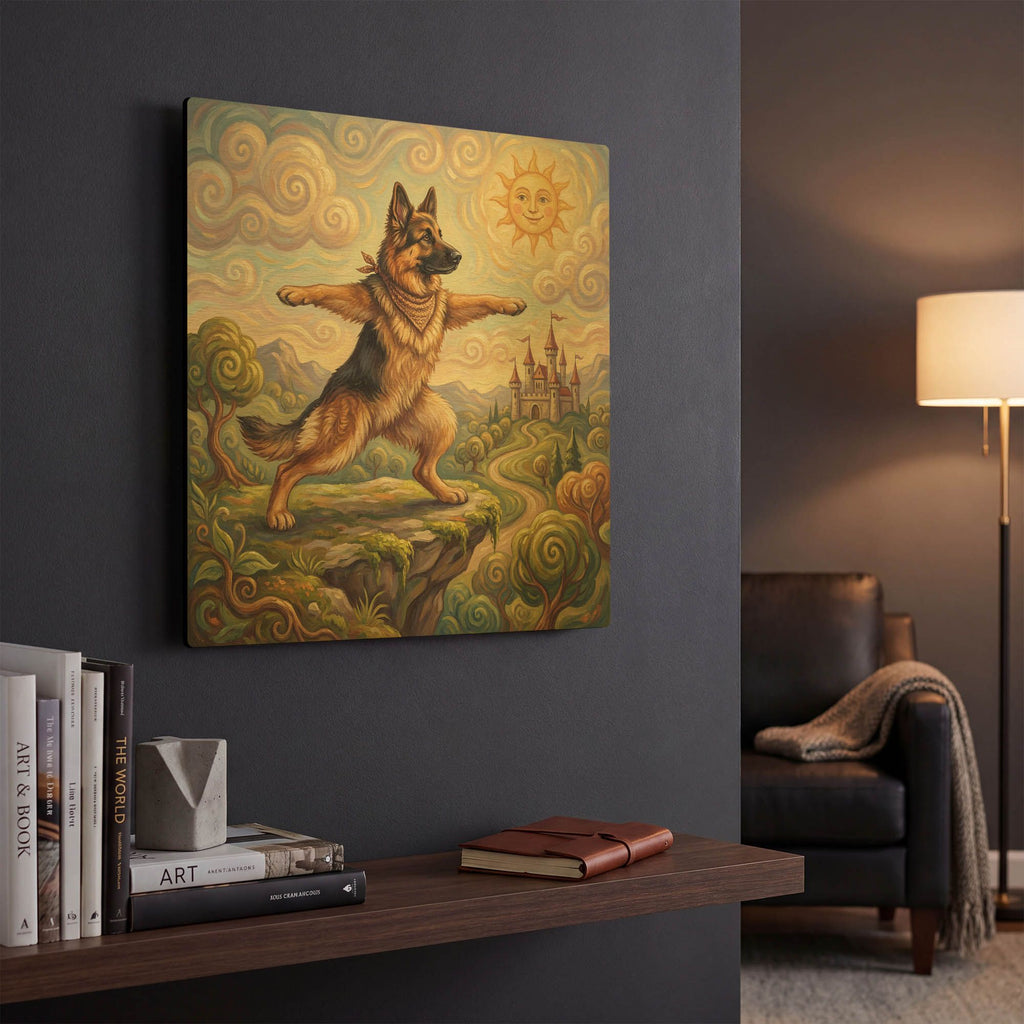 'German Shepherd Yoga Warrior Pose' By Rich Monet Gold Metal Wall Art
