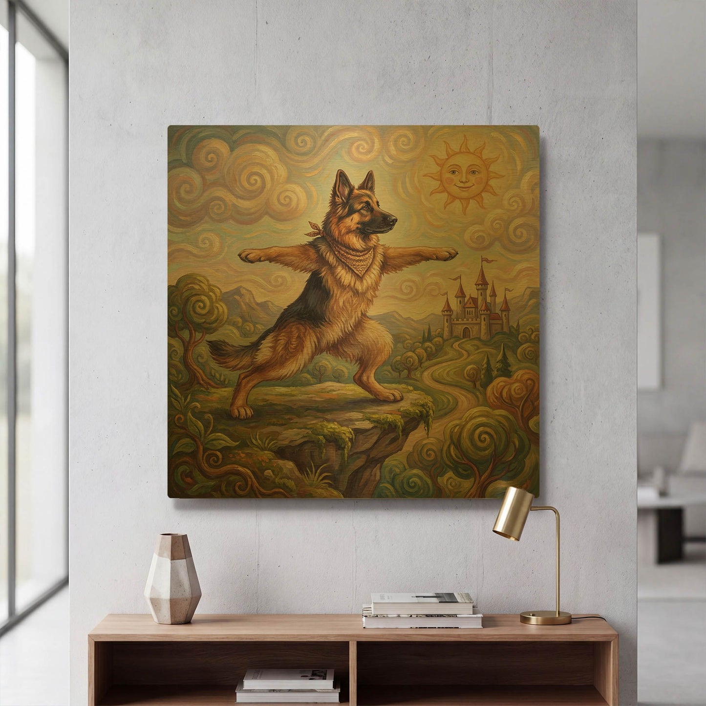 'German Shepherd Yoga Warrior Pose' By Rich Monet Gold Metal Wall Art
