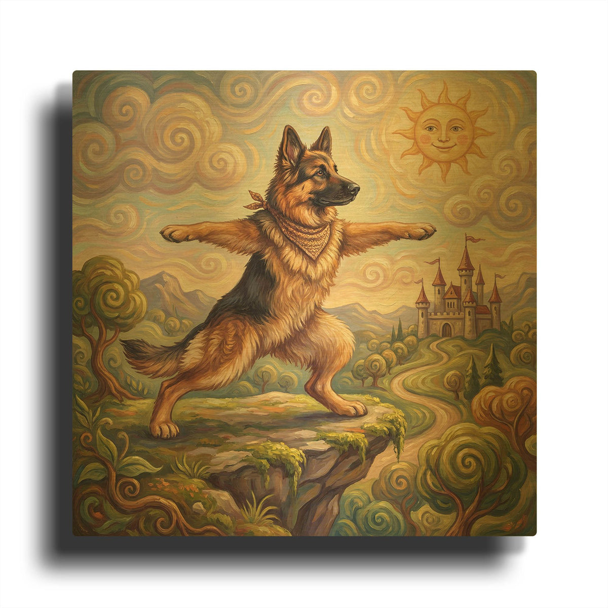 'German Shepherd Yoga Warrior Pose' By Rich Monet Gold Metal Wall Art