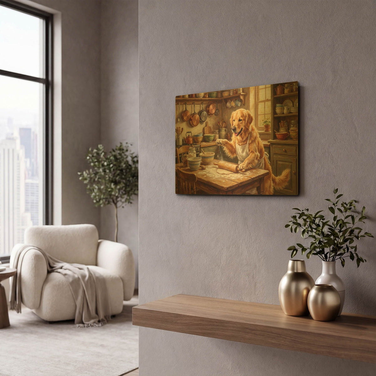 'Golden Retriever In The Kitchen' By Rich Monet Gold Metal Wall Art