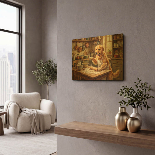 'Golden Retriever In The Kitchen' By Rich Monet Gold Metal Wall Art