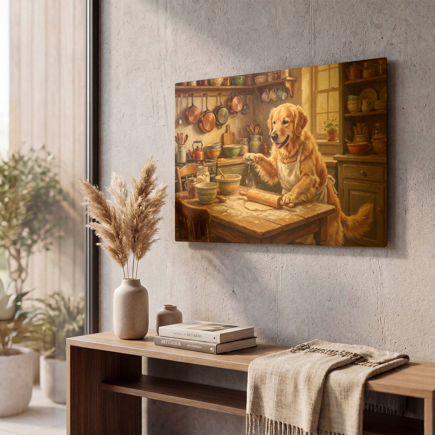 'Golden Retriever In The Kitchen' By Rich Monet Gold Metal Wall Art