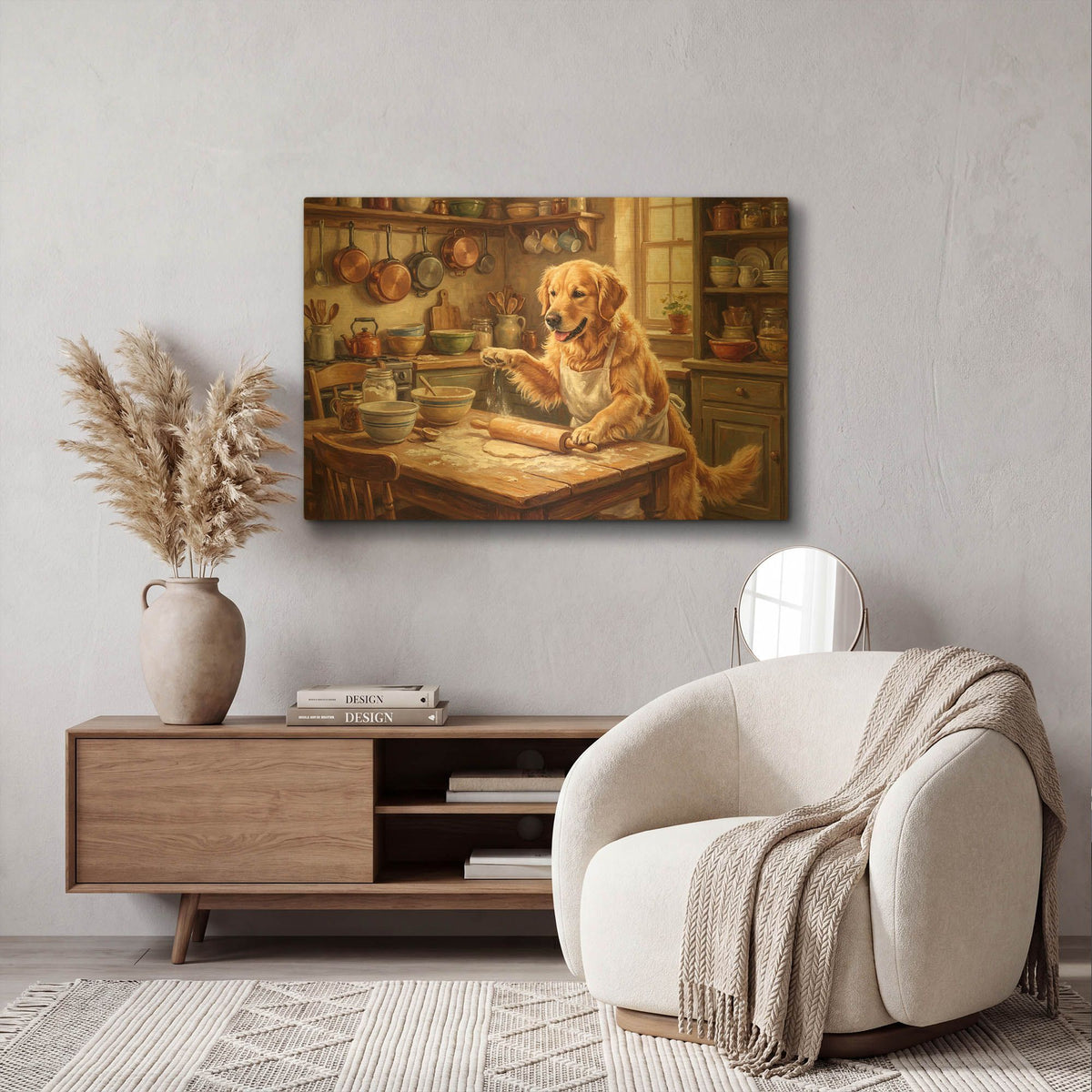 'Golden Retriever In The Kitchen' By Rich Monet Gold Metal Wall Art