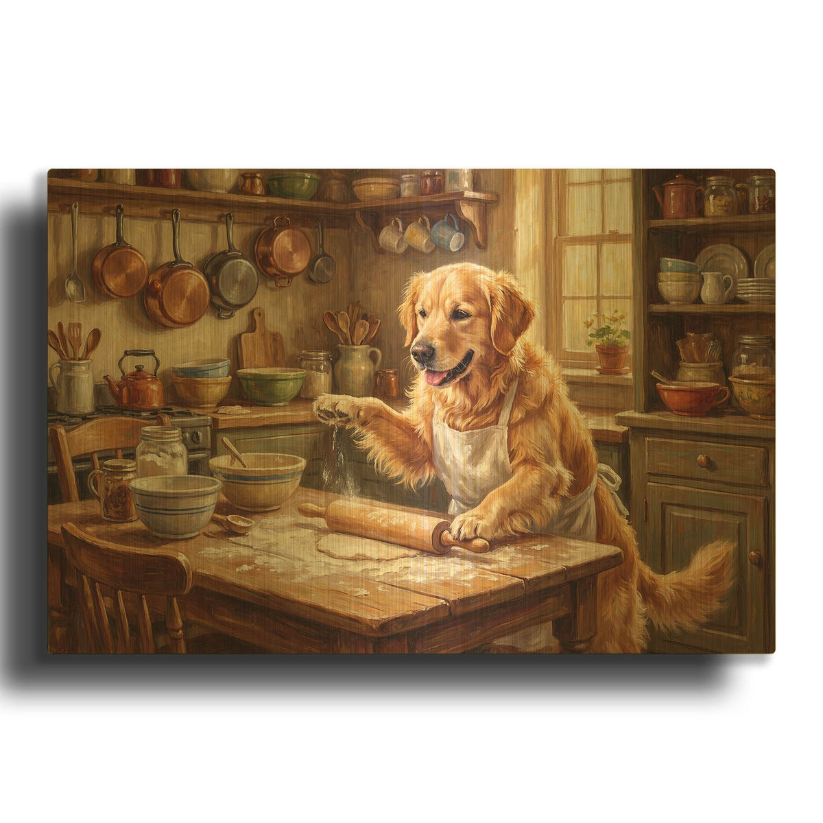 'Golden Retriever In The Kitchen' By Rich Monet Gold Metal Wall Art