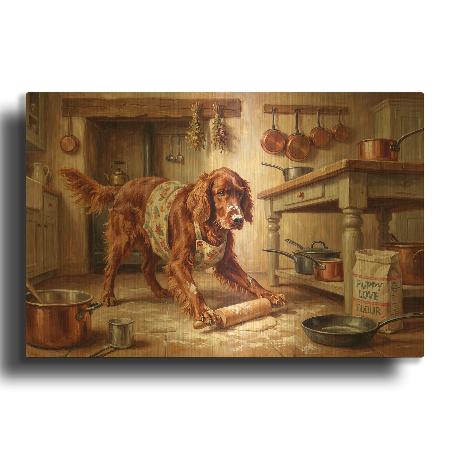 'Irish Setter In The Kitchen' By Rich Monet Gold Metal Wall Art