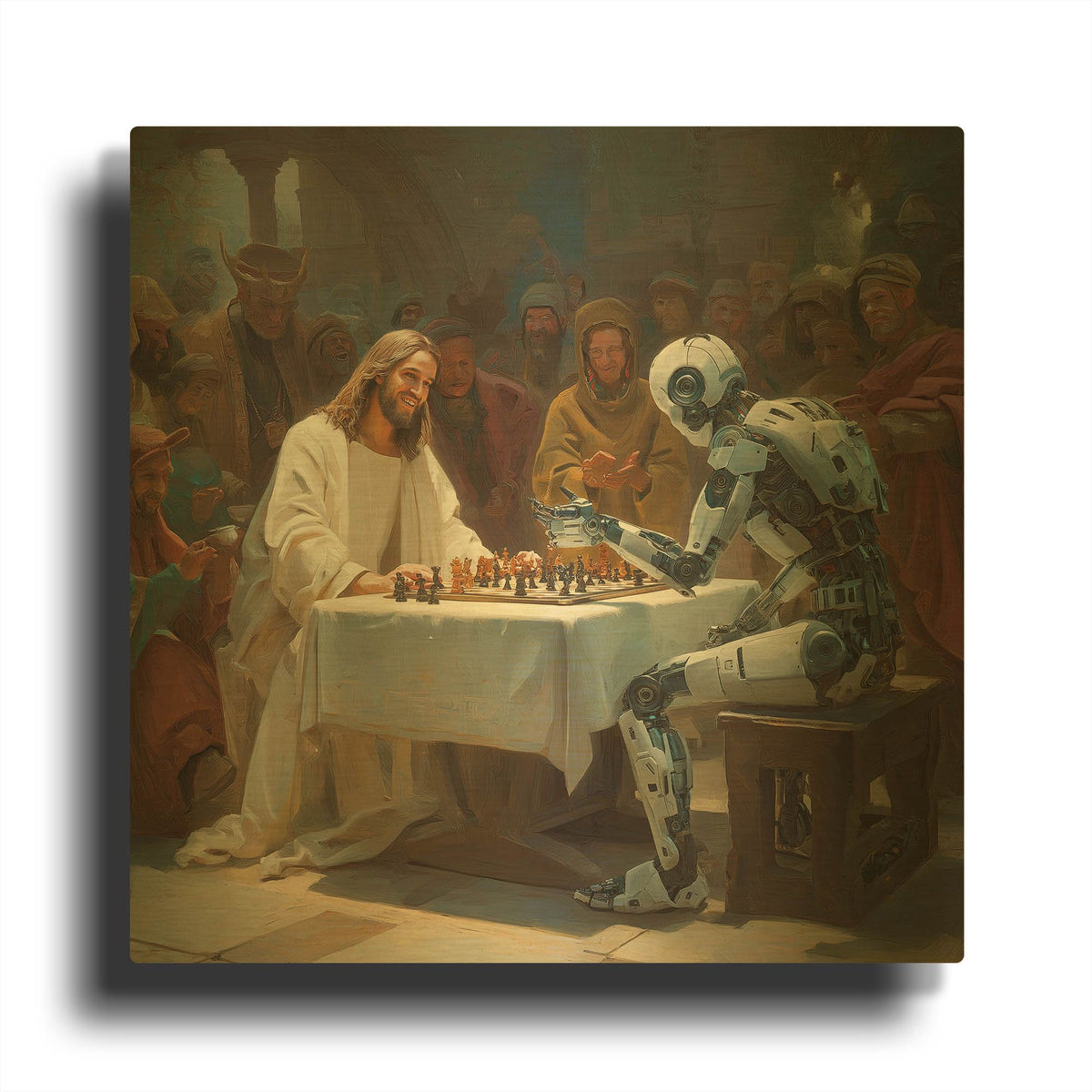 'Jesus Vs Robot Chess' By Rich Monet Gold Metal Wall Art