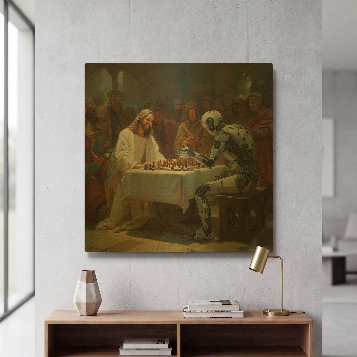 'Jesus Vs Robot Chess' By Rich Monet Gold Metal Wall Art