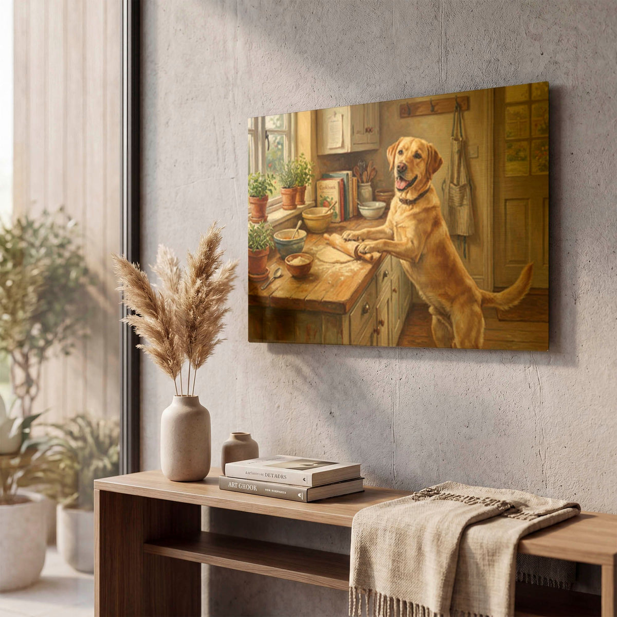 'Labrador Retriever In The Kitchen' By Rich Monet Gold Metal Wall Art