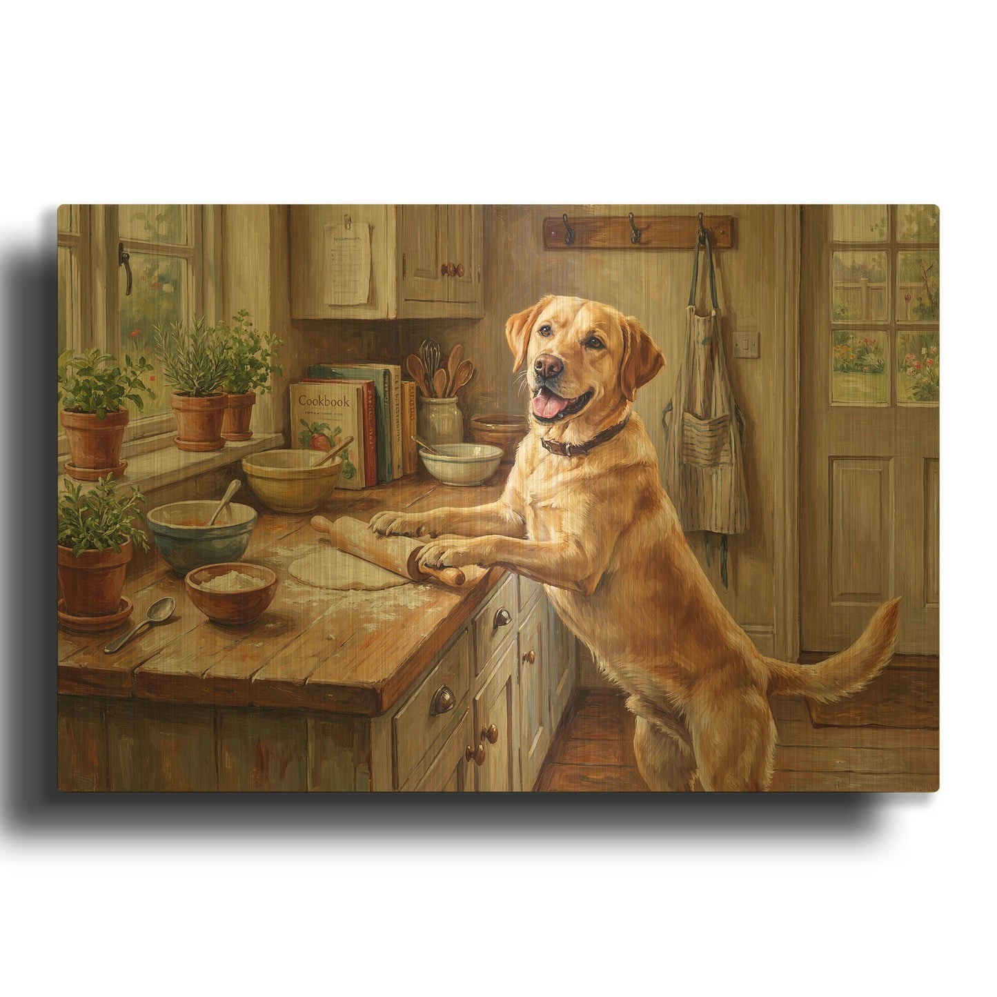 'Labrador Retriever In The Kitchen' By Rich Monet Gold Metal Wall Art