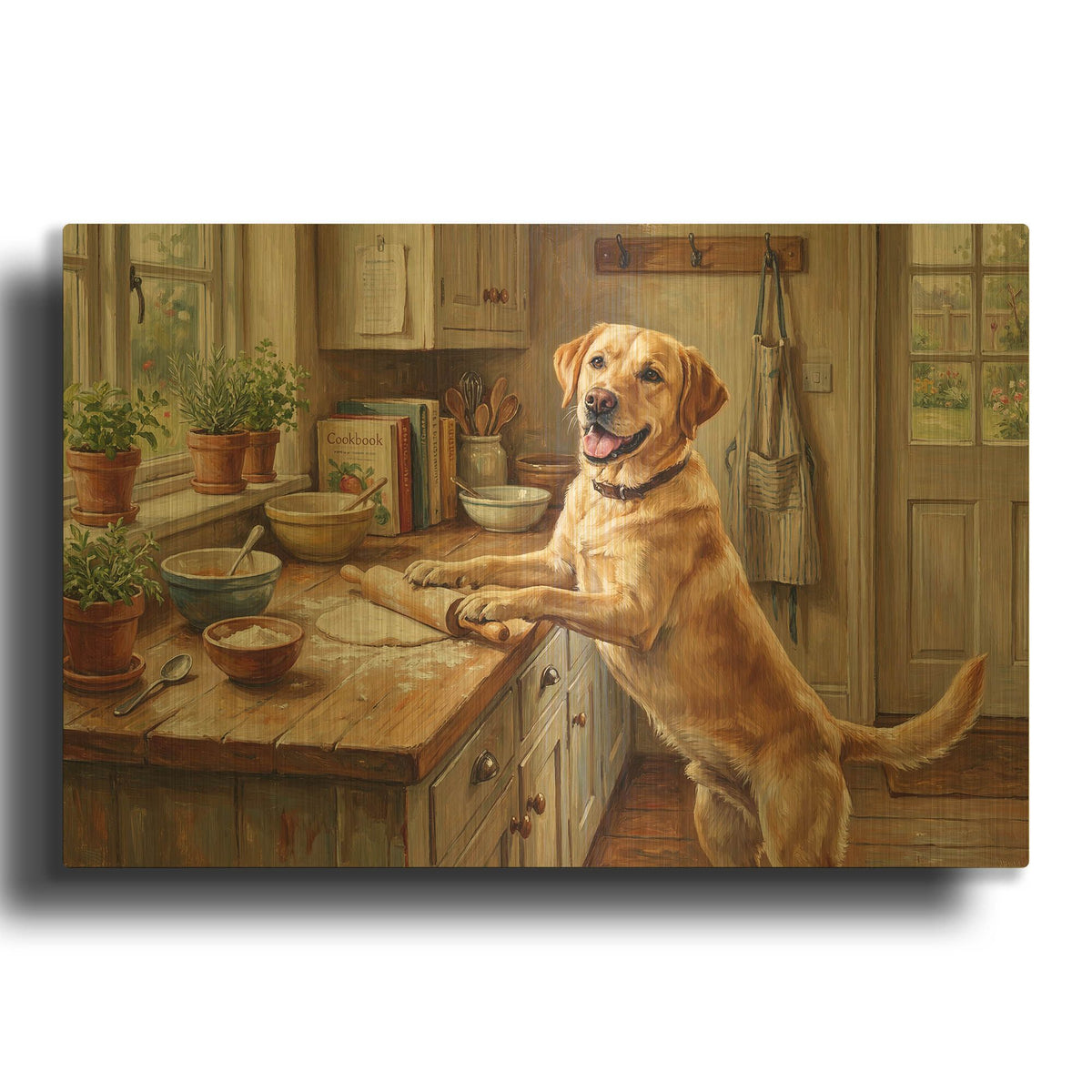 'Labrador Retriever In The Kitchen' By Rich Monet Gold Metal Wall Art