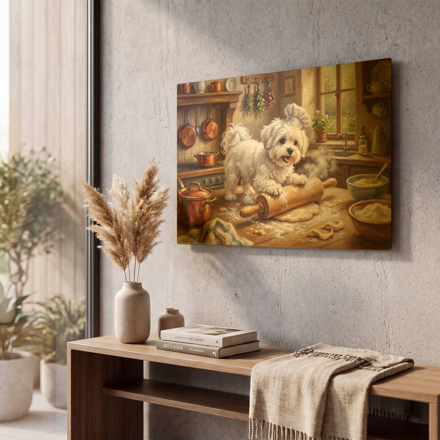 'Maltese In The Kitchen' By Rich Monet Gold Metal Wall Art