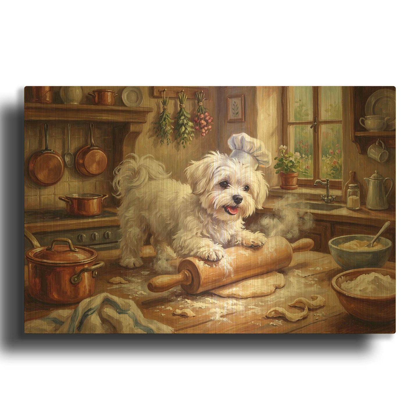 'Maltese In The Kitchen' By Rich Monet Gold Metal Wall Art