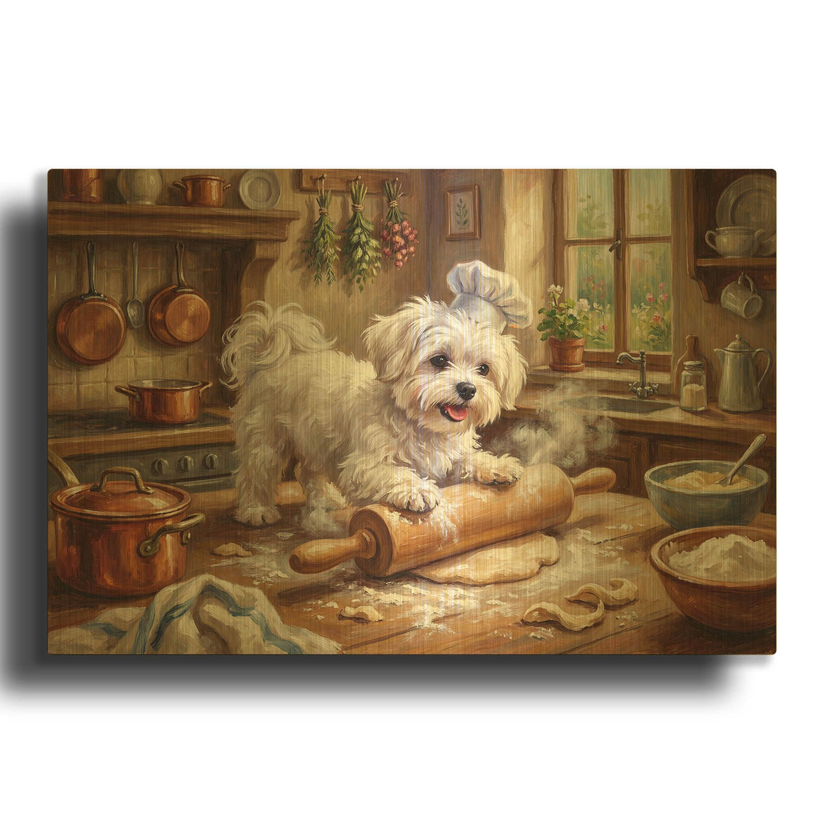 'Maltese In The Kitchen' By Rich Monet Gold Metal Wall Art