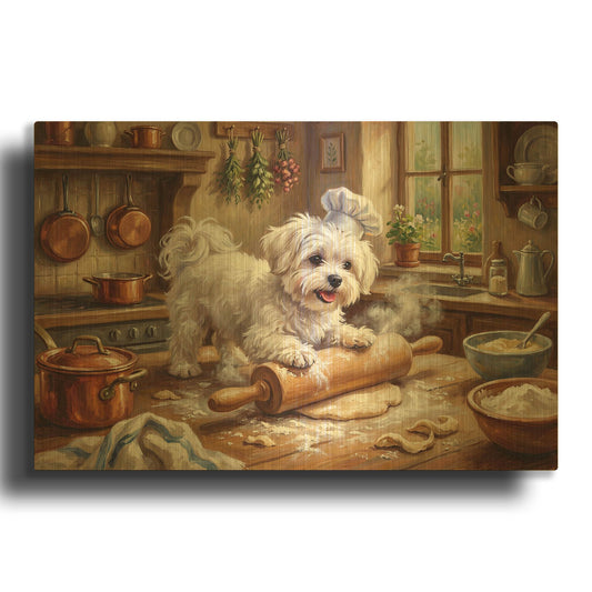 'Maltese In The Kitchen' By Rich Monet Gold Metal Wall Art