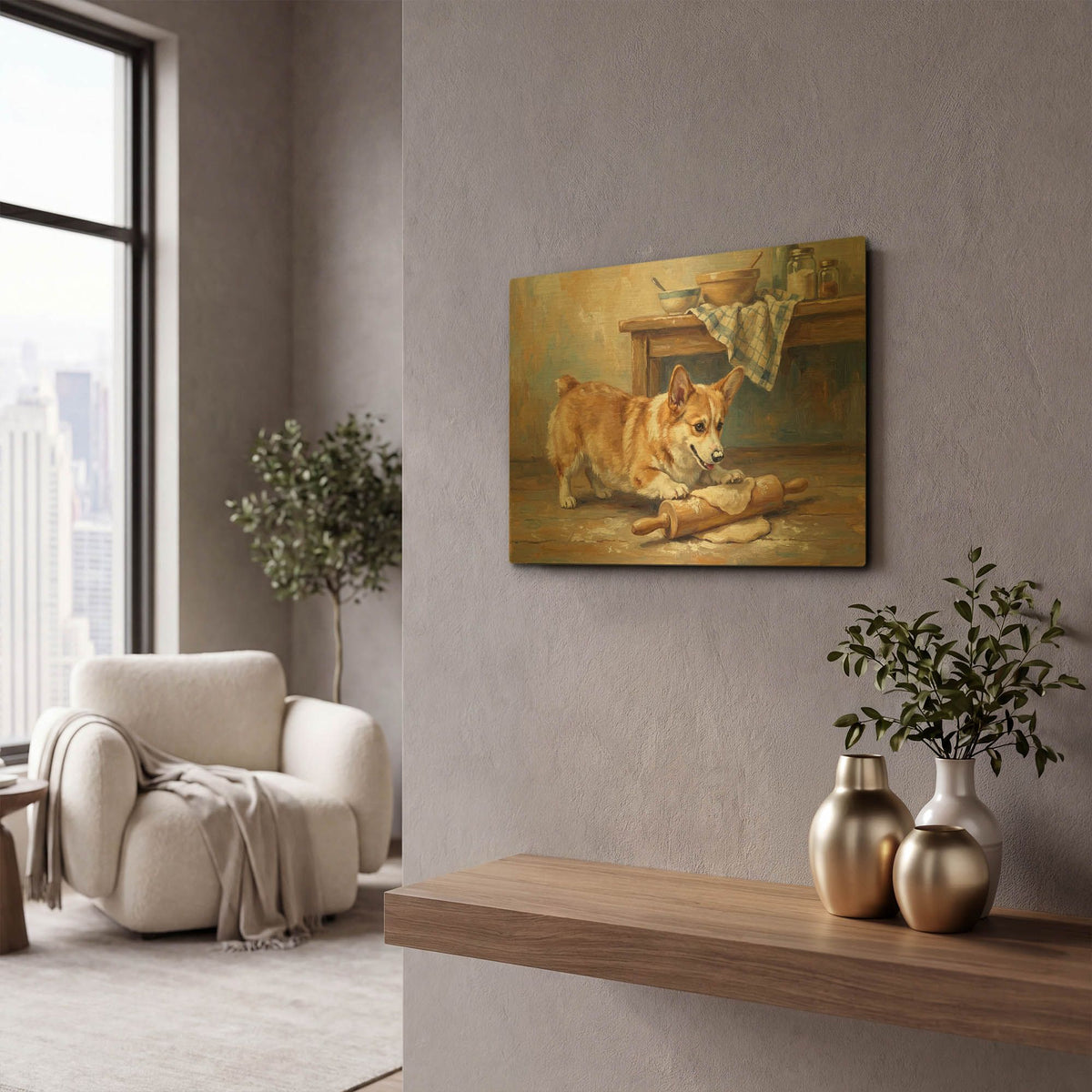'Pembroke Welsh Corgi In The Kitchen' By Rich Monet Gold Metal Wall Art
