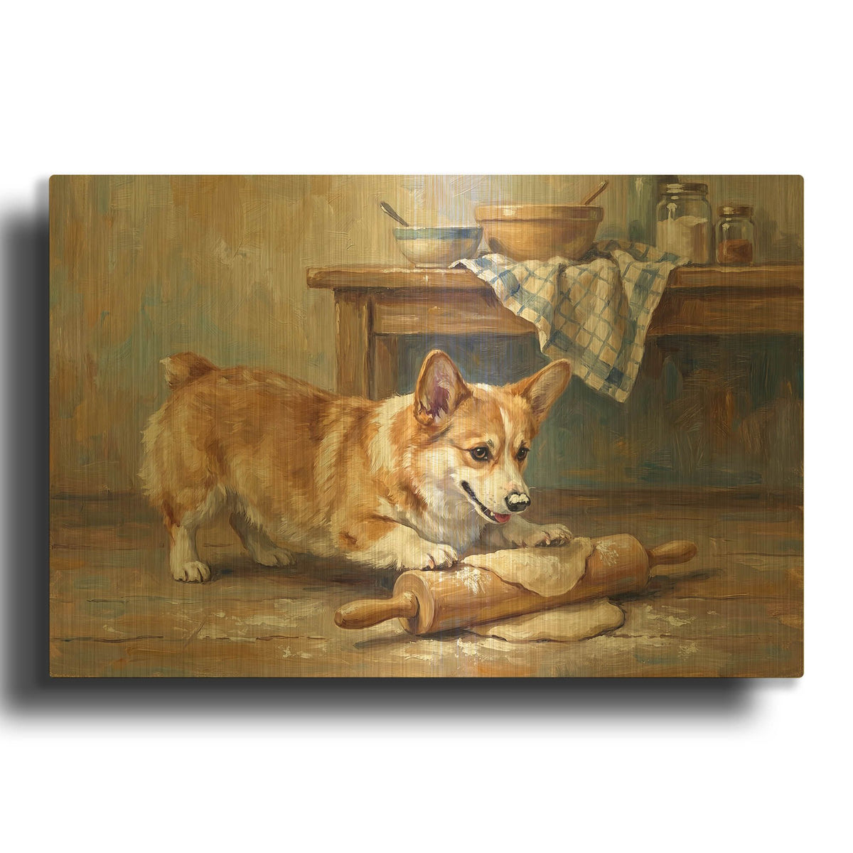 'Pembroke Welsh Corgi In The Kitchen' By Rich Monet Gold Metal Wall Art