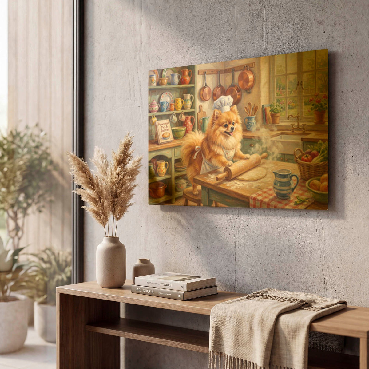 'Pomeranian In The Kitchen' By Rich Monet Gold Metal Wall Art
