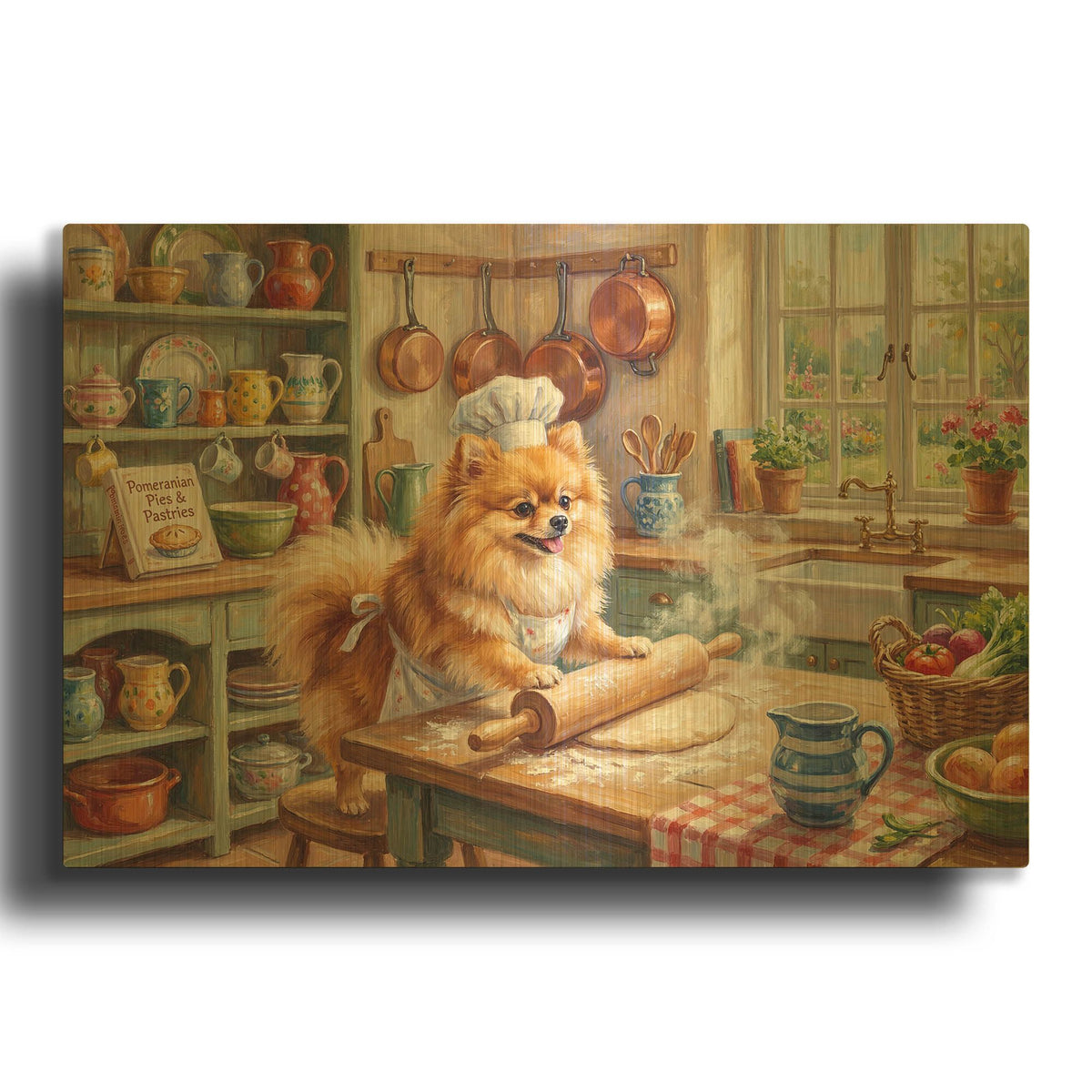'Pomeranian In The Kitchen' By Rich Monet Gold Metal Wall Art