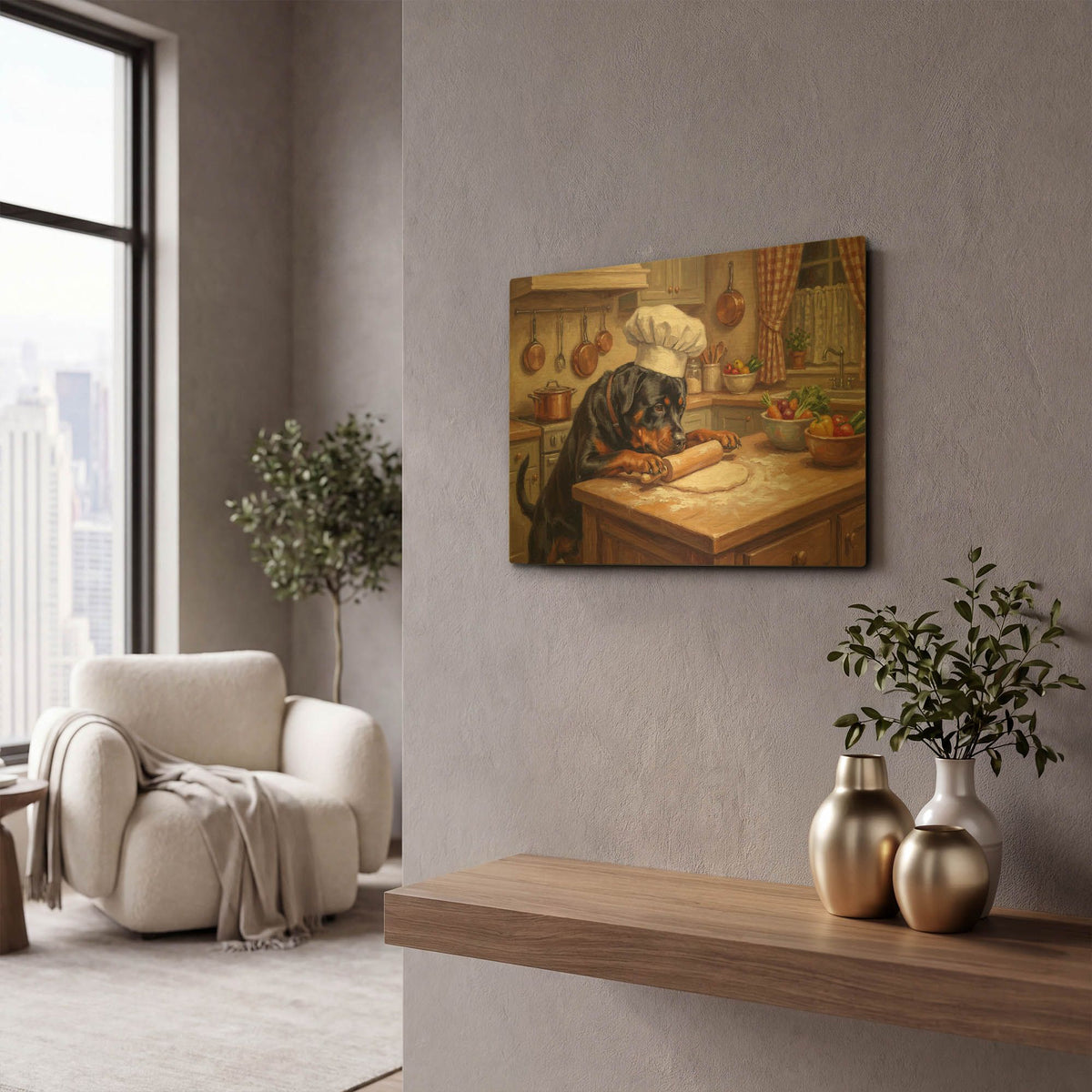 'Rottweiler In The Kitchen' By Rich Monet Gold Metal Wall Art