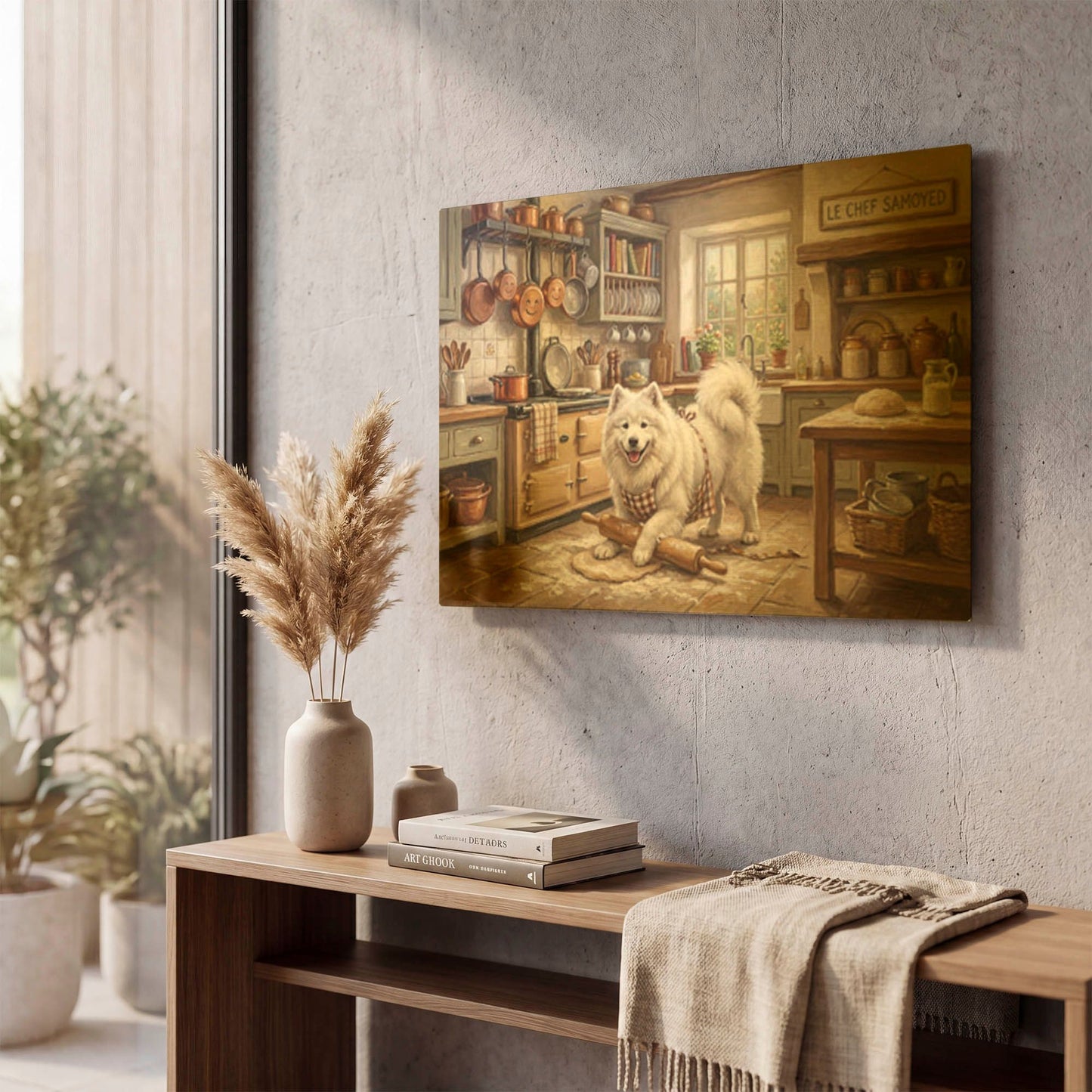 'Samoyed In The Kitchen' By Rich Monet Gold Metal Wall Art