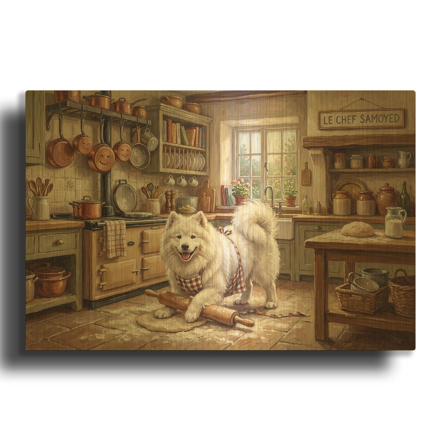 'Samoyed In The Kitchen' By Rich Monet Gold Metal Wall Art