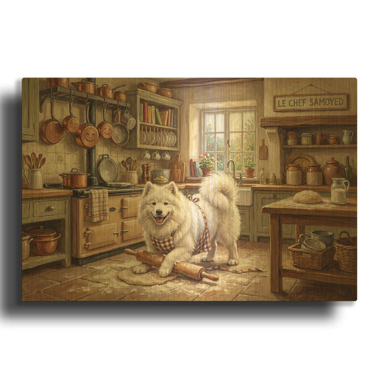 'Samoyed In The Kitchen' By Rich Monet Gold Metal Wall Art