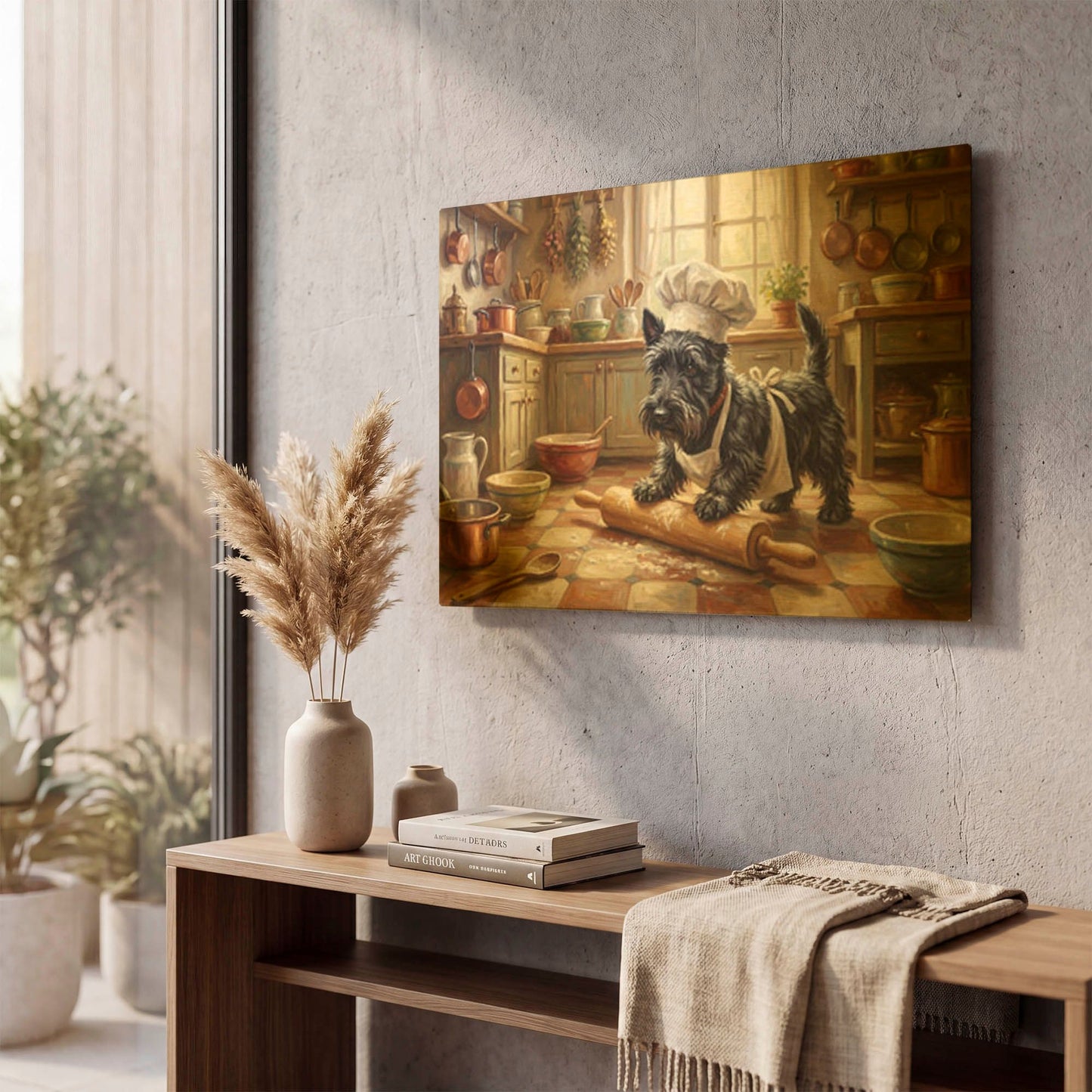 'Scottish Terrier In The Kitchen' By Rich Monet Gold Metal Wall Art