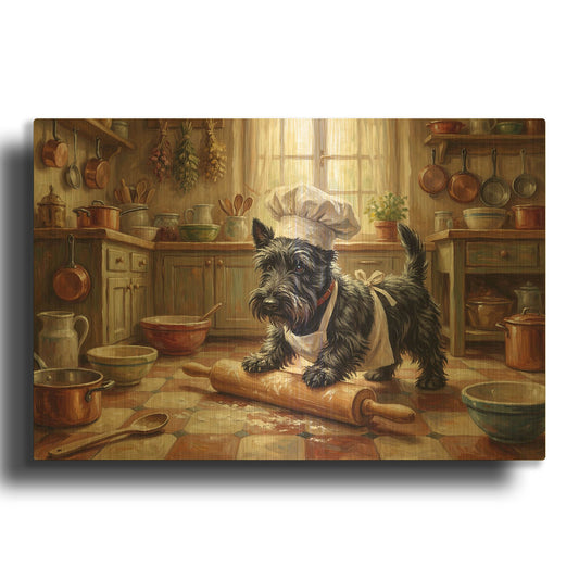 'Scottish Terrier In The Kitchen' By Rich Monet Gold Metal Wall Art