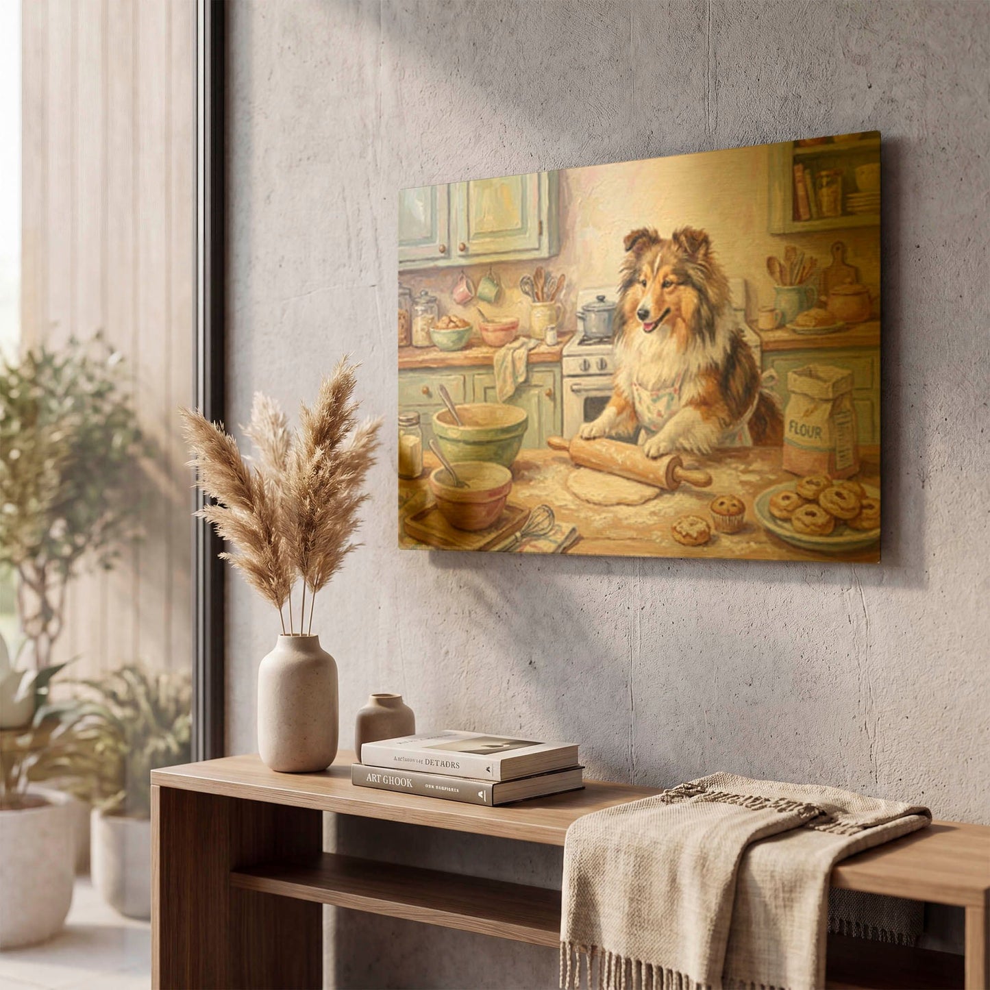 'Shetland Sheepdog In The Kitchen' By Rich Monet Gold Metal Wall Art