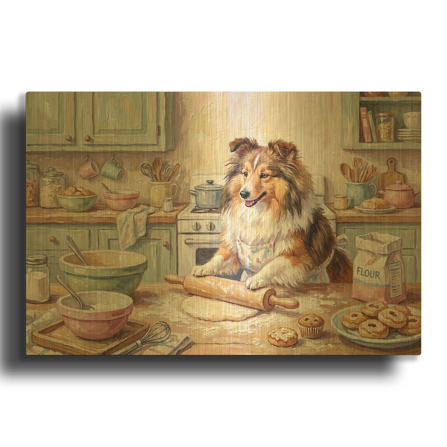 'Shetland Sheepdog In The Kitchen' By Rich Monet Gold Metal Wall Art