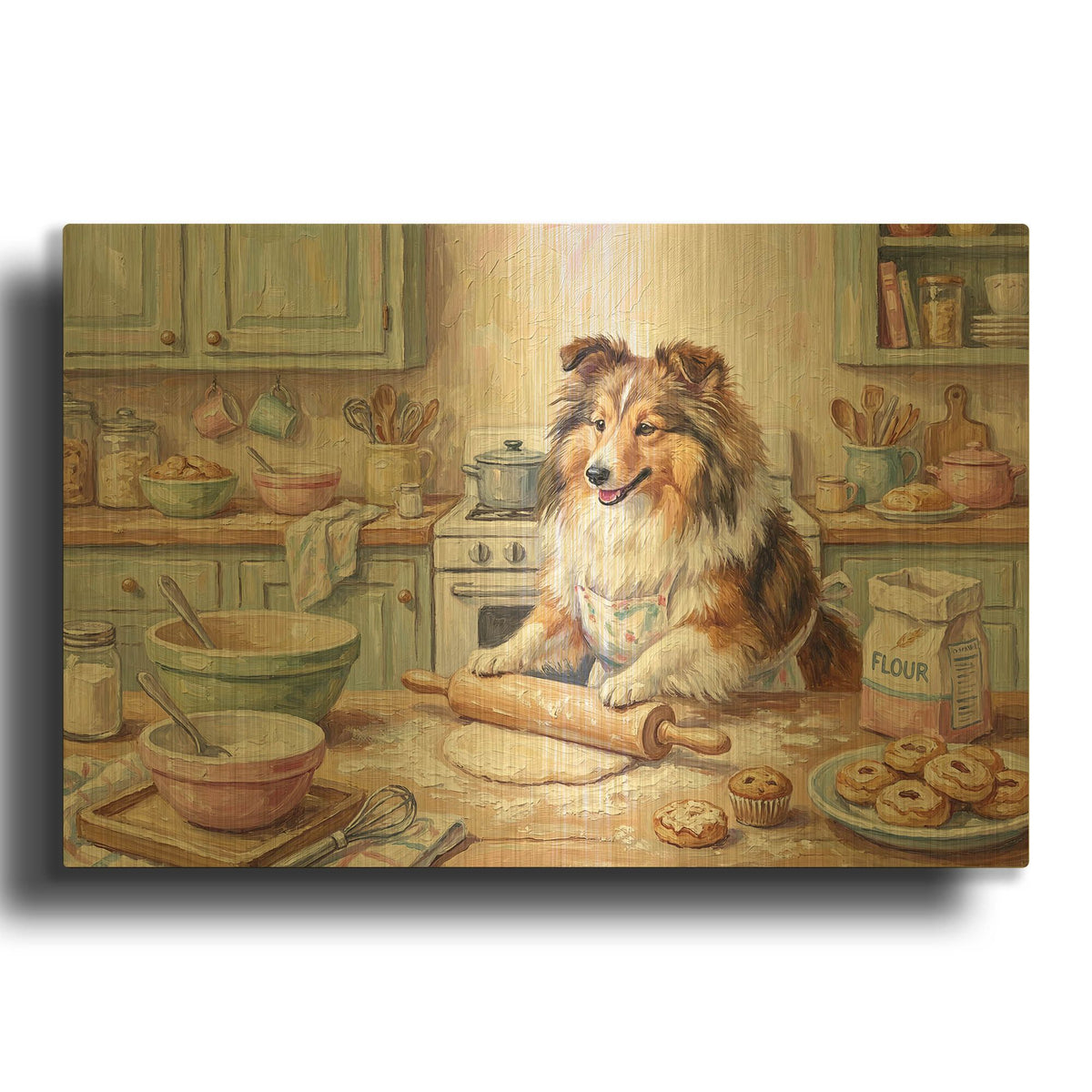 'Shetland Sheepdog In The Kitchen' By Rich Monet Gold Metal Wall Art