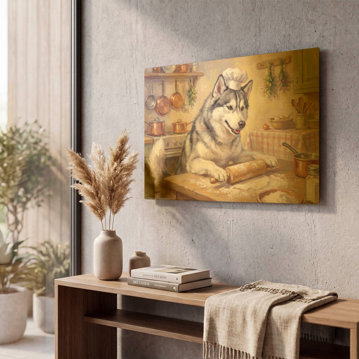 'Siberian Husky In The Kitchen' By Rich Monet Gold Metal Wall Art