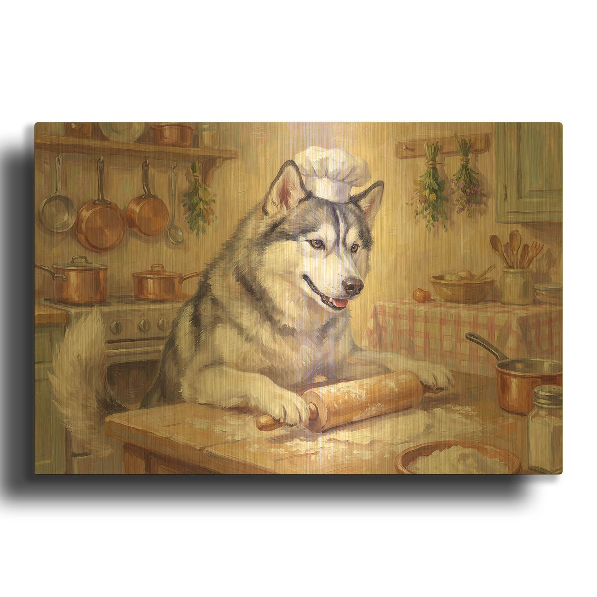 'Siberian Husky In The Kitchen' By Rich Monet Gold Metal Wall Art