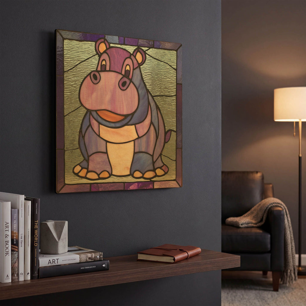 'Stained Glass Baby Hippo' By Rich Monet Gold Metal Wall Art