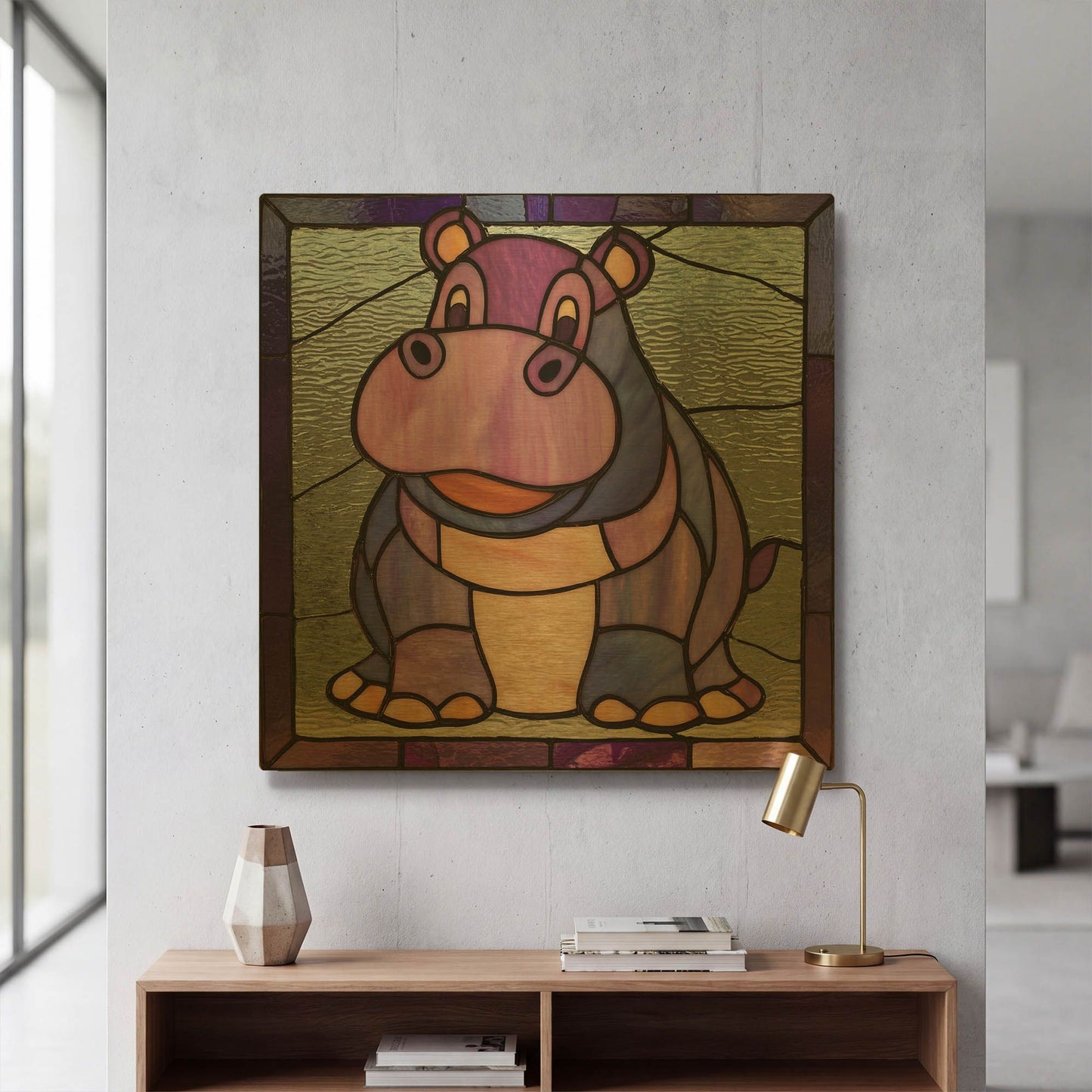'Stained Glass Baby Hippo' By Rich Monet Gold Metal Wall Art