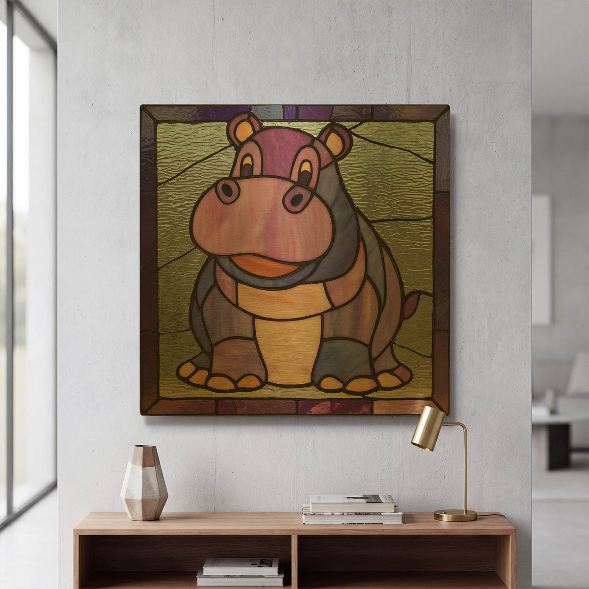 'Stained Glass Baby Hippo' By Rich Monet Gold Metal Wall Art