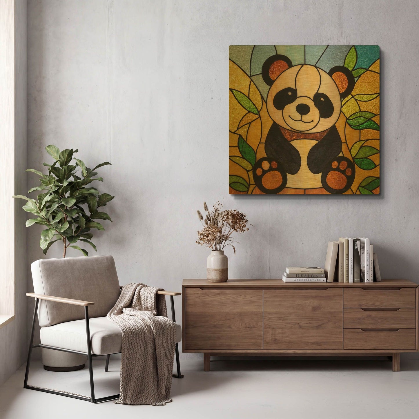 'Stained Glass Baby Panda' By Rich Monet Gold Metal Wall Art