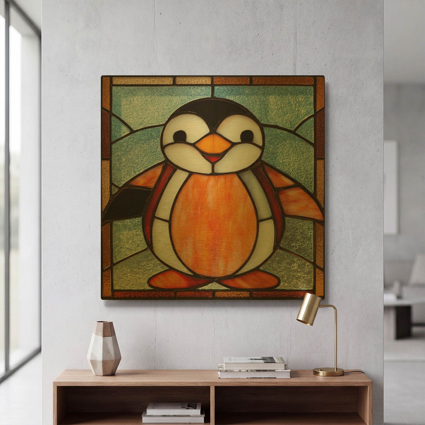 'Stained Glass Baby Penguin' By Rich Monet Gold Metal Wall Art
