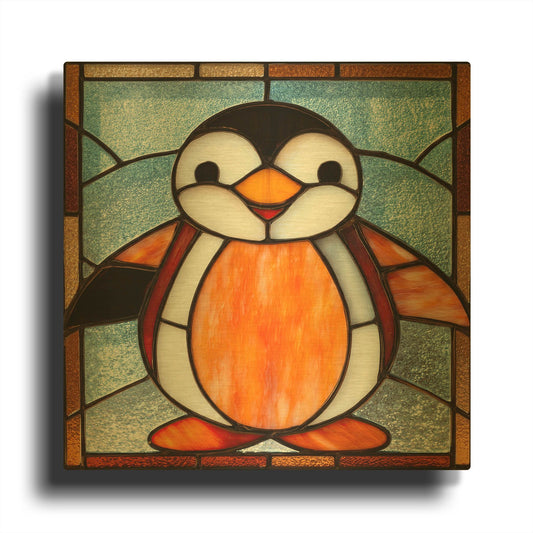 'Stained Glass Baby Penguin' By Rich Monet Gold Metal Wall Art
