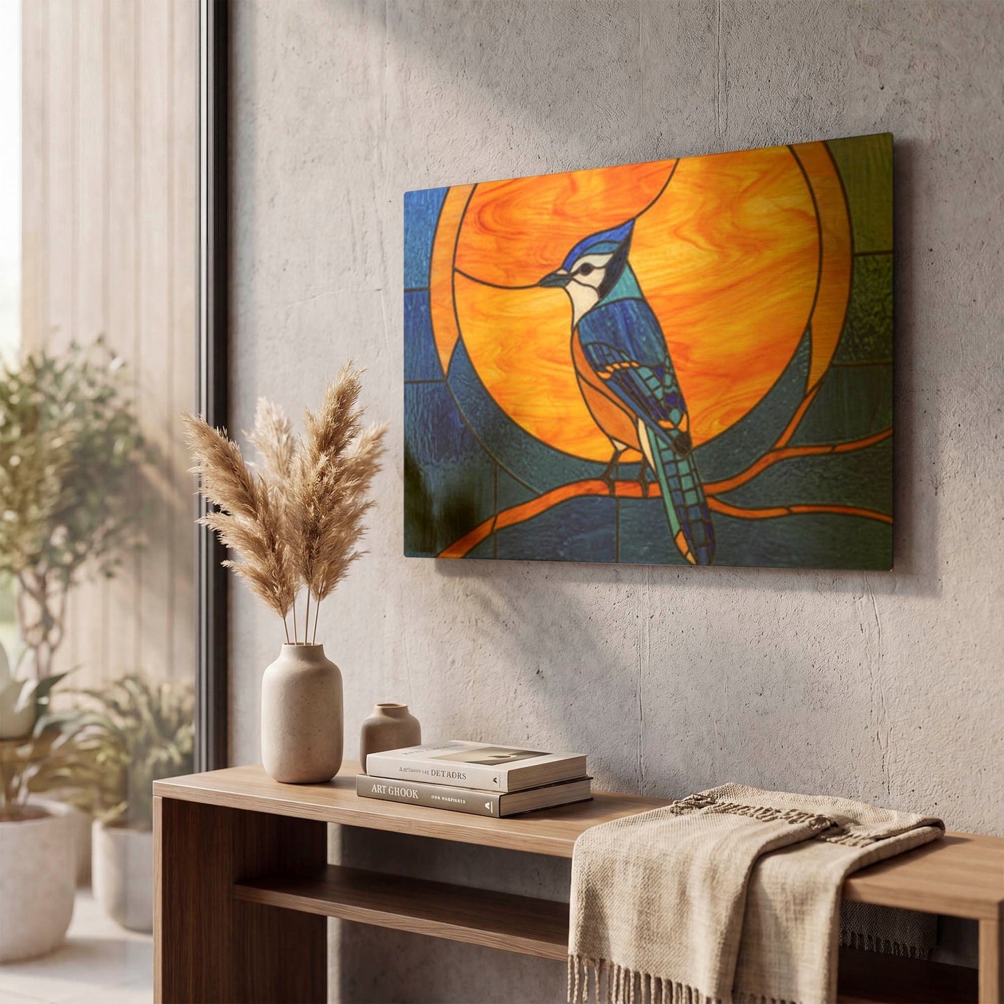 'Stained Glass Blue Jay' By Rich Monet Gold Metal Wall Art
