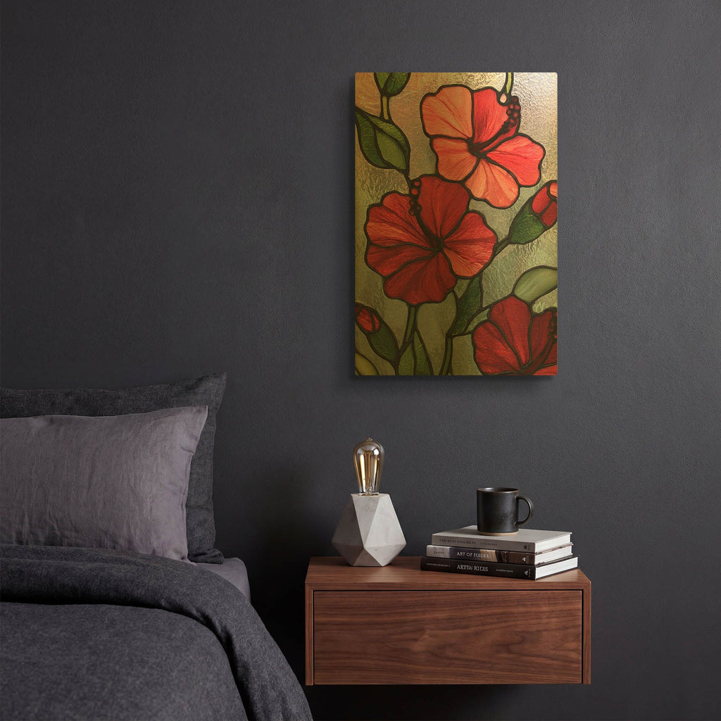 'Stained Glass Red Hibiscs' By Rich Monet Gold Metal Wall Art