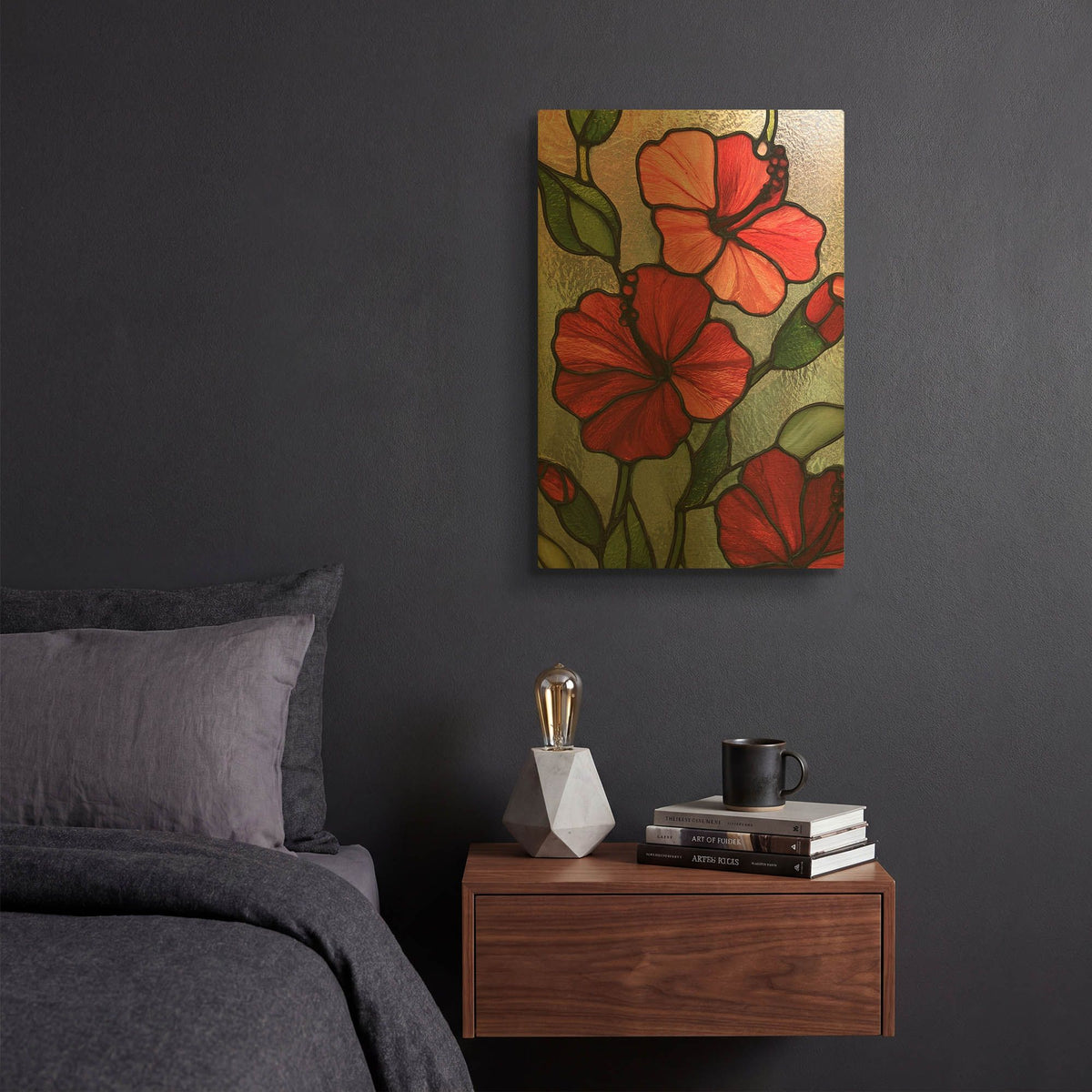 'Stained Glass Red Hibiscs' By Rich Monet Gold Metal Wall Art
