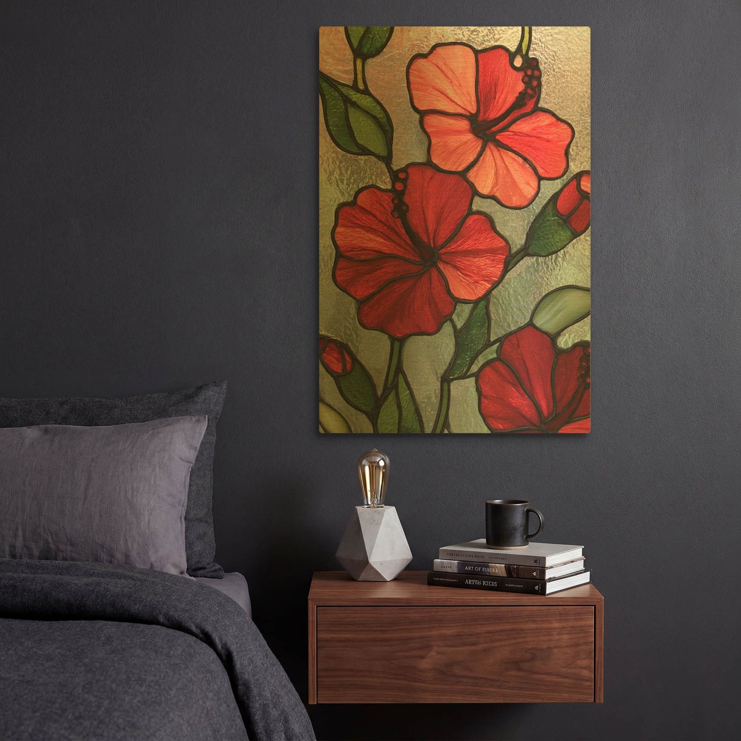 'Stained Glass Red Hibiscs' By Rich Monet Gold Metal Wall Art