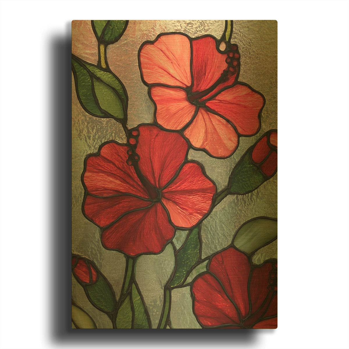'Stained Glass Red Hibiscs' By Rich Monet Gold Metal Wall Art