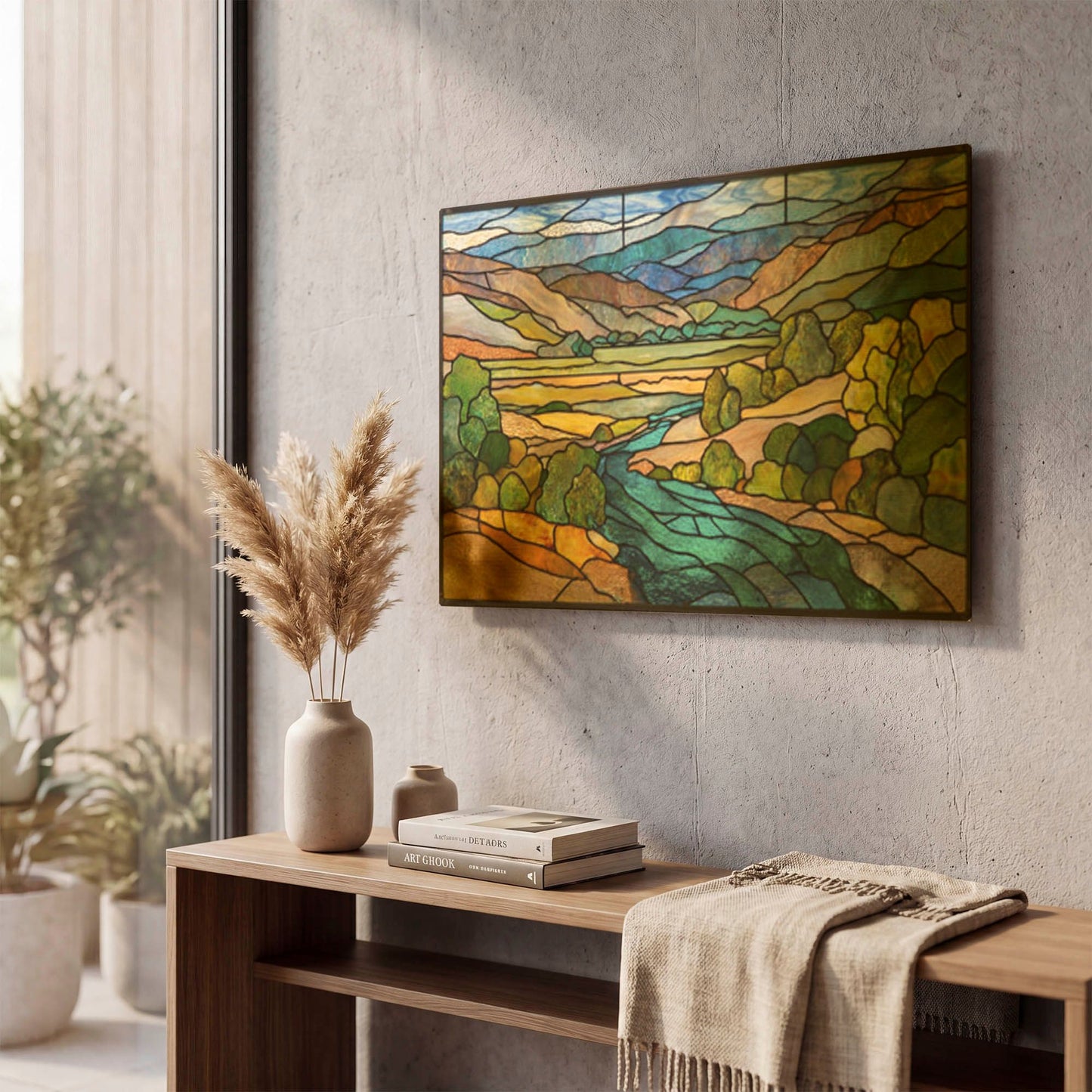 'Stained Glass River Valley' By Rich Monet Gold Metal Wall Art