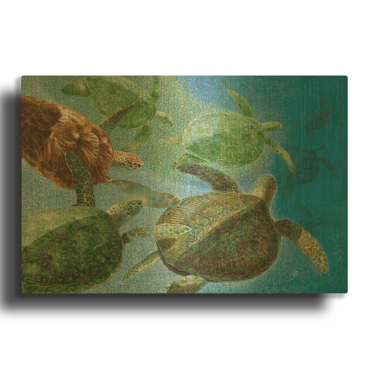 'Green Sea Turtles, The Journey Continues' By Durwood Coffey Gold Metal Wall Art