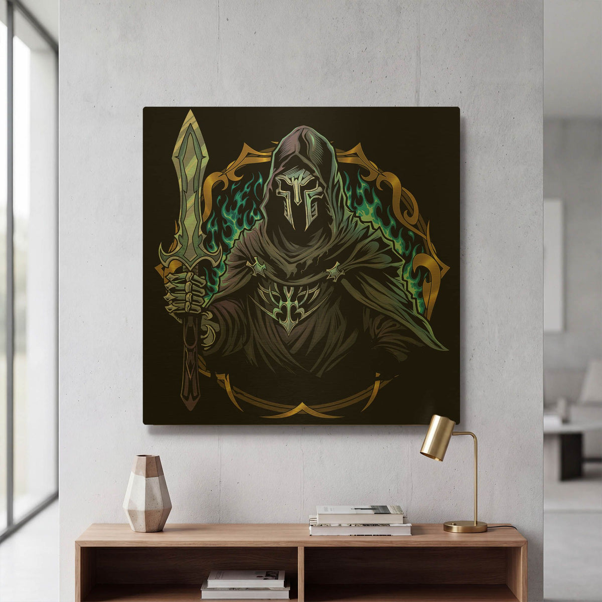 'Dark Shrouded Knight With Sword' By Flyland Designs Gold Metal Wall Art