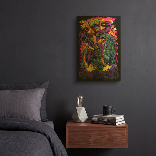 'Giant Ape Vs Giant Lizard' By Flyland Designs Gold Metal Wall Art